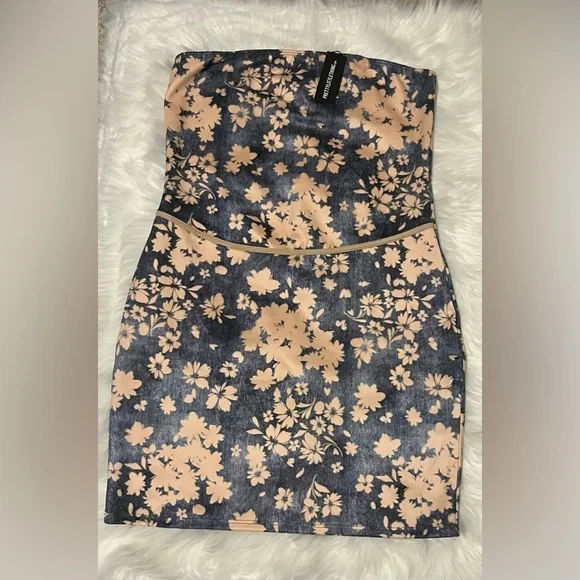 Blue Printed Faux Suede Bandeau Bodycon Dress - Picture 4 of 4